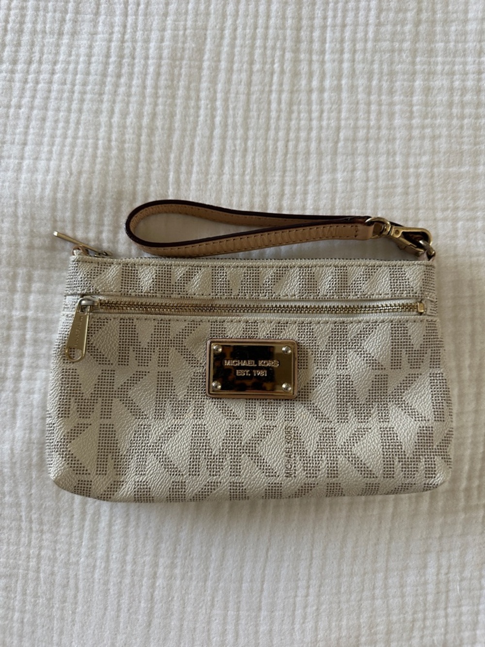 Michael Kors Signature Beige Logo Wristlet Clutch with Gold Hardware